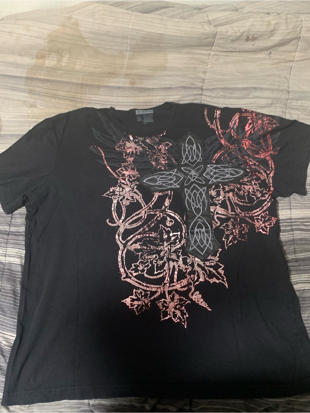 Chrome Hearts Black Tee with Metallic Red Cross and Floral Graphic